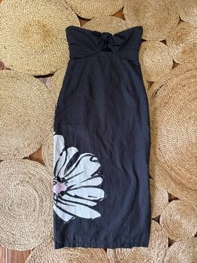 Maeve Black Strapless Midi Dress with White Floral Accent